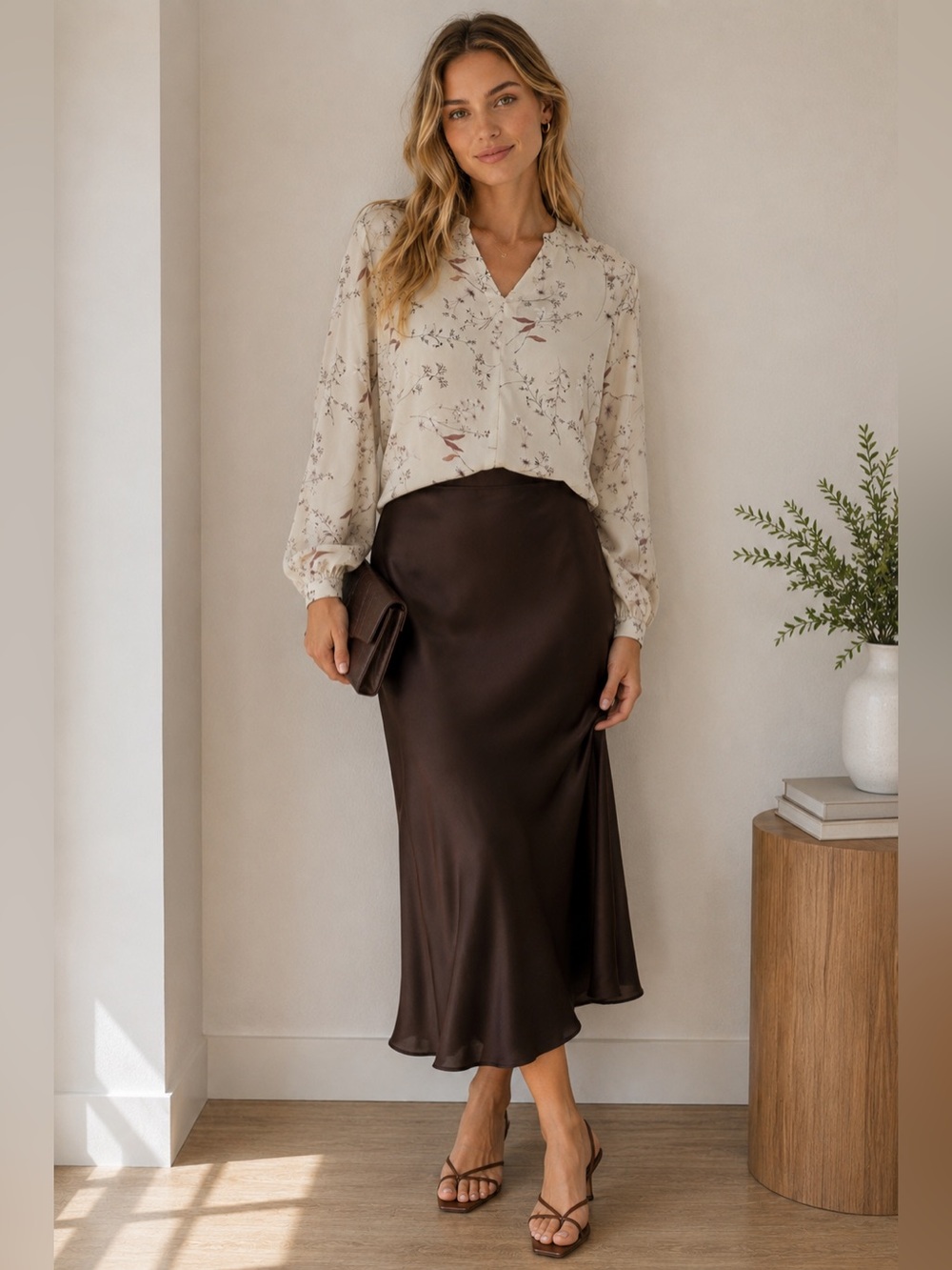 Violet & Claire Cream Floral V-Neck Blouse with Taupe Accents